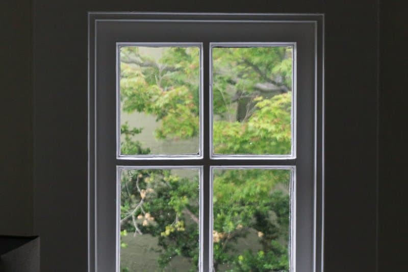 A white four-pane window looking out onto green trees